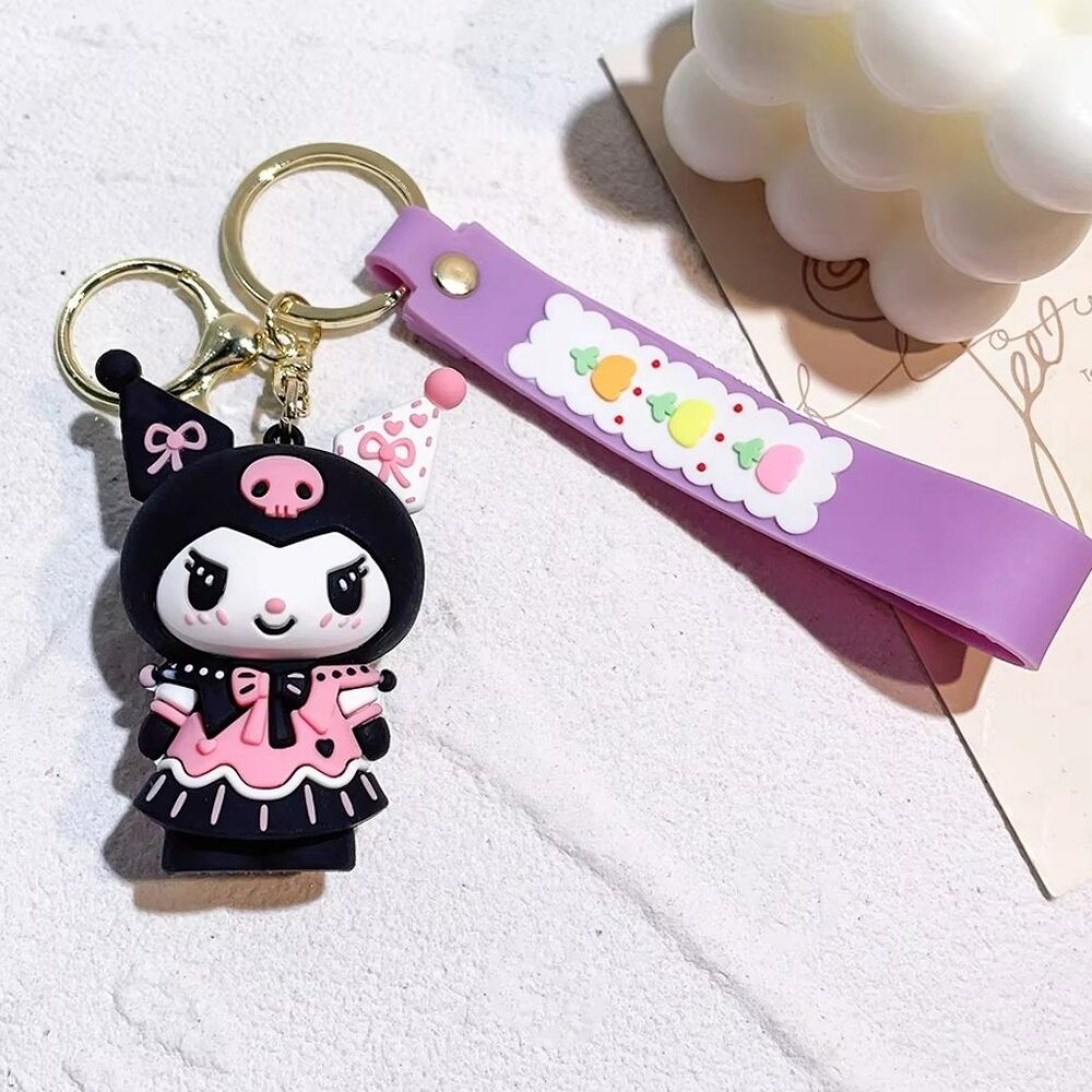 Kuromi Key Chain with Purple Strap & Flowers